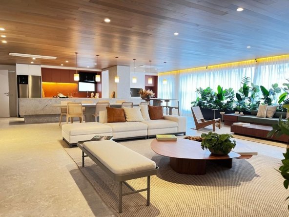 Sala de estar integrada estilo americano em apartamento cobertura no Alto de Pinheiros, São Paulo